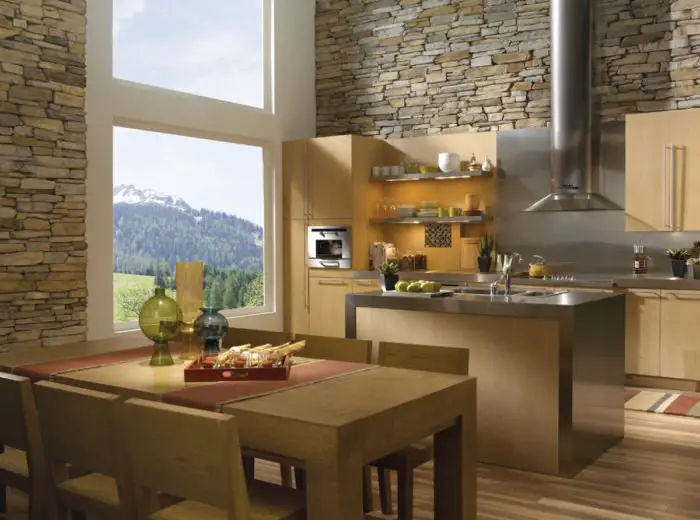 Even the modern kitchen is complemented with the addition of stone (eldoradostone.com)