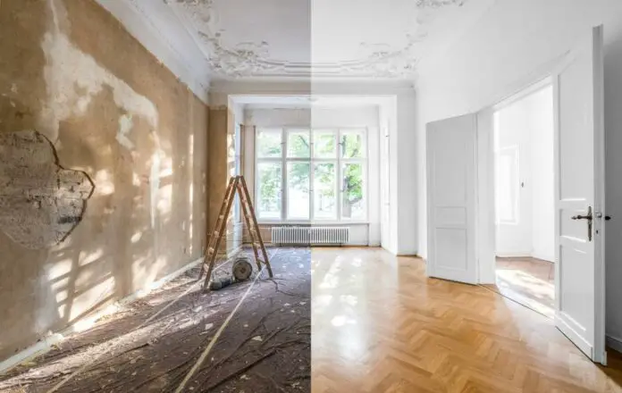 Two before and after photos of a renovated room.