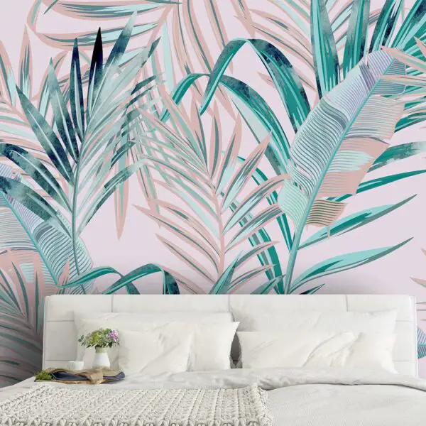 A pink and blue bedroom with tropical leaves on the wall, perfect for teenagers looking to express their individuality with unique wallpaper ideas.