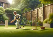 A boy is playing cricket in a garden.